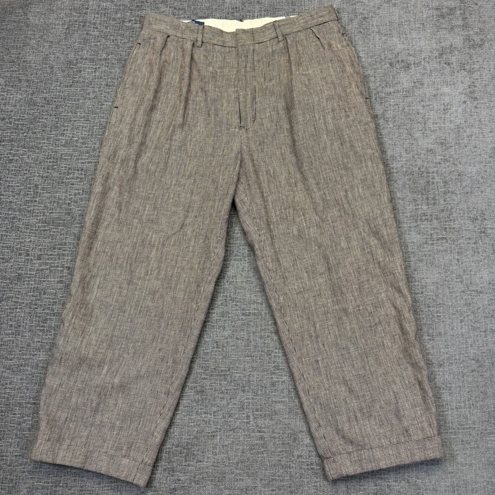 Polo Ralph Lauren Pants Mens 36x30 (32x25) Brown Linen Blend Pleated Hemmed VTG